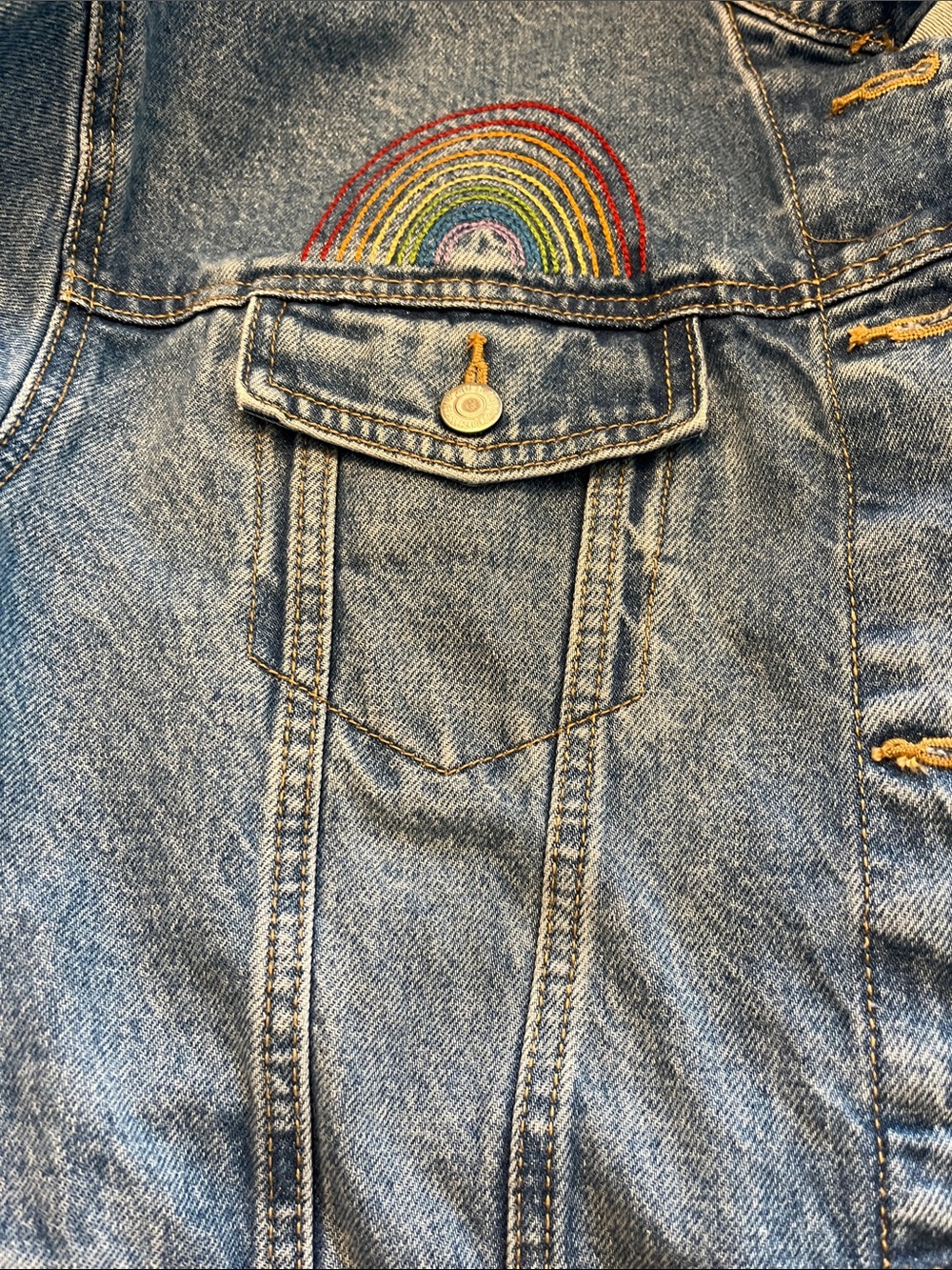 Pride Old Navy Blue Denim Jean Jacket with Rainbow Embroidery